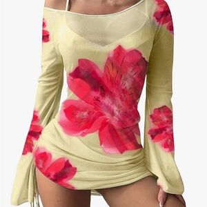 Zaful Floral Print Swim Coverup - Yellow and Red